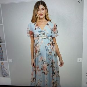 Light Blue Floral Chiffon Wrap Front Short Sleeve Maternity Maxi Dress